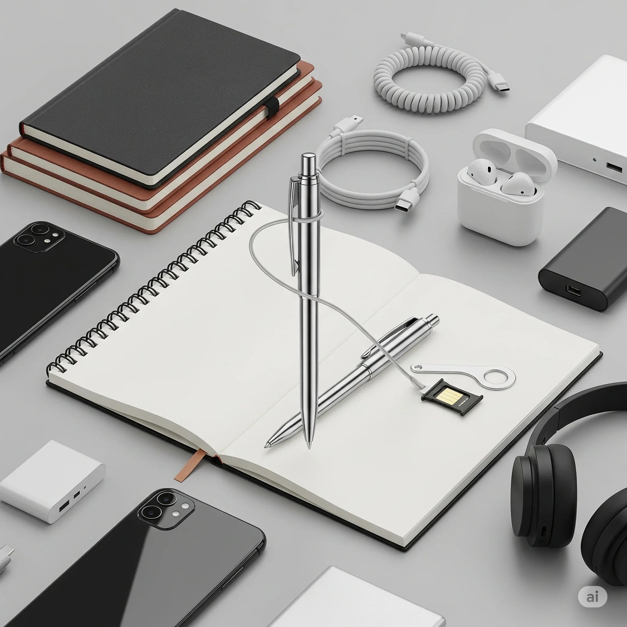 Tech gadgets & stationery (pens, notebooks, phones, headphones, chargers, earbuds, cables) on gray surface.