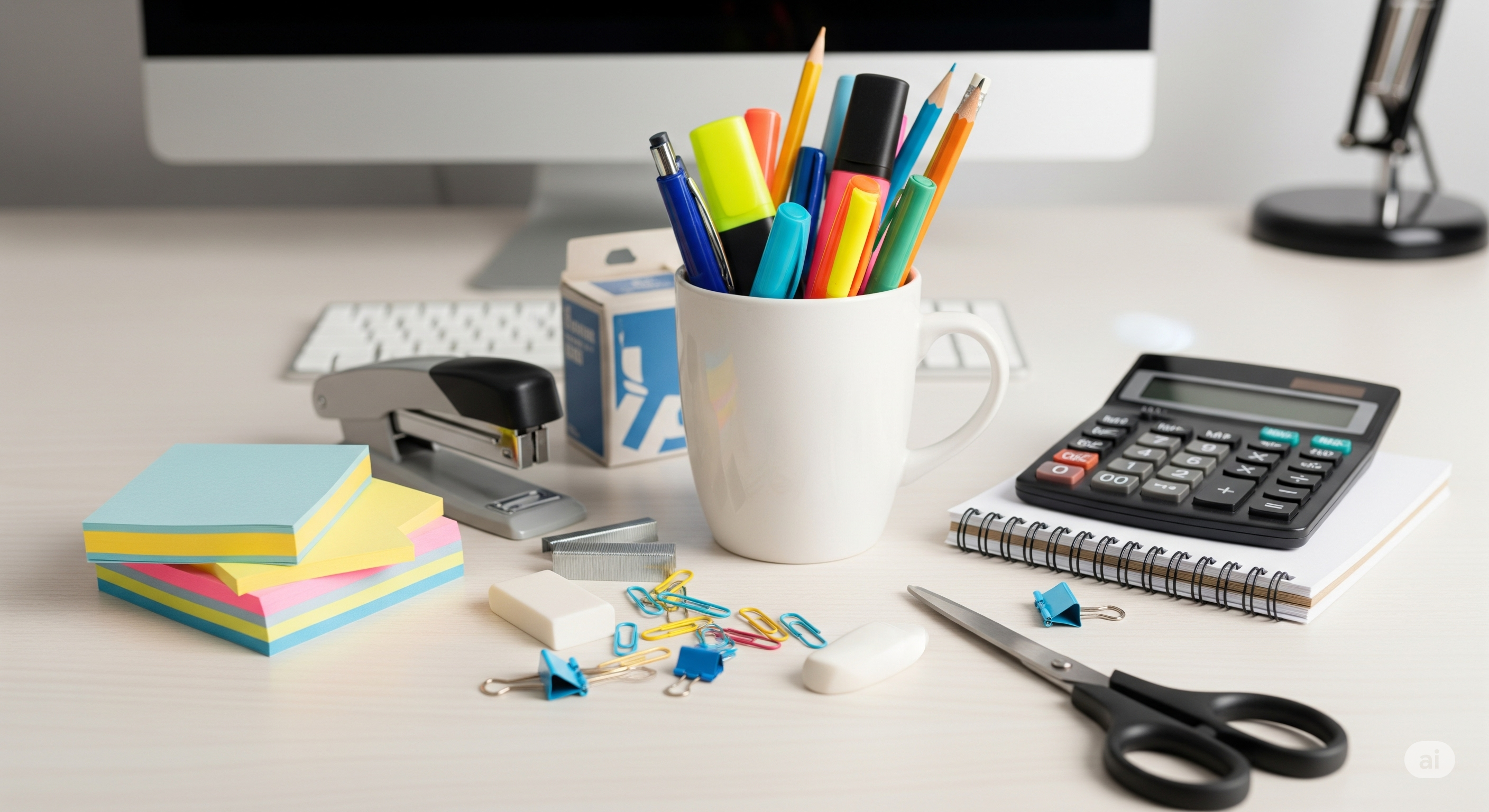 Displaying Some Office Supplies like Calculator,Notes, And More .