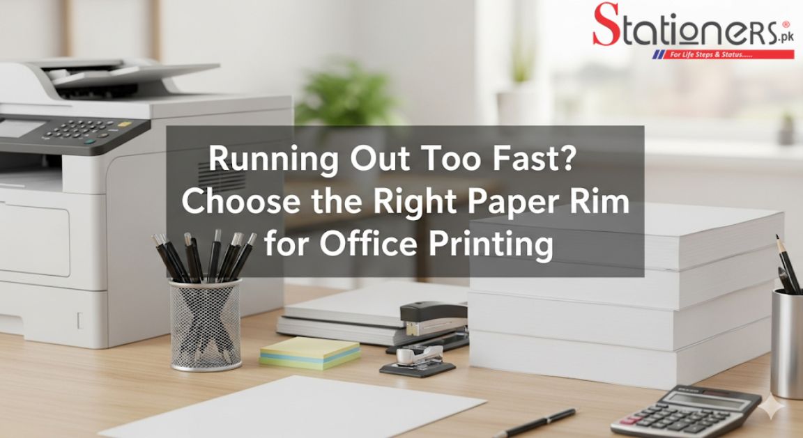Visual guide on selecting paper rims for office printing, emphasizing the importance of choosing the right type to prevent shortages.