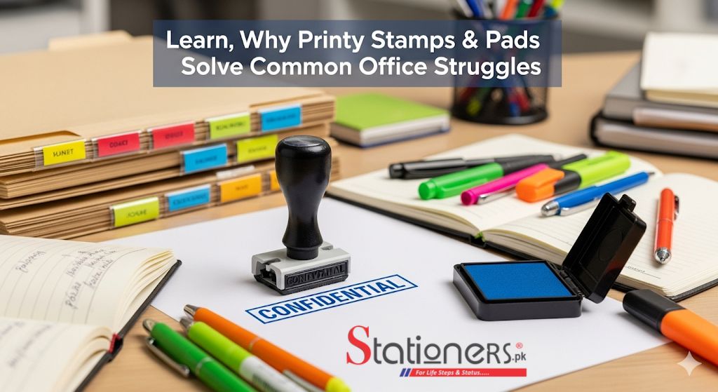 Infographic showing how printer stamps and pads can alleviate frequent office struggles.