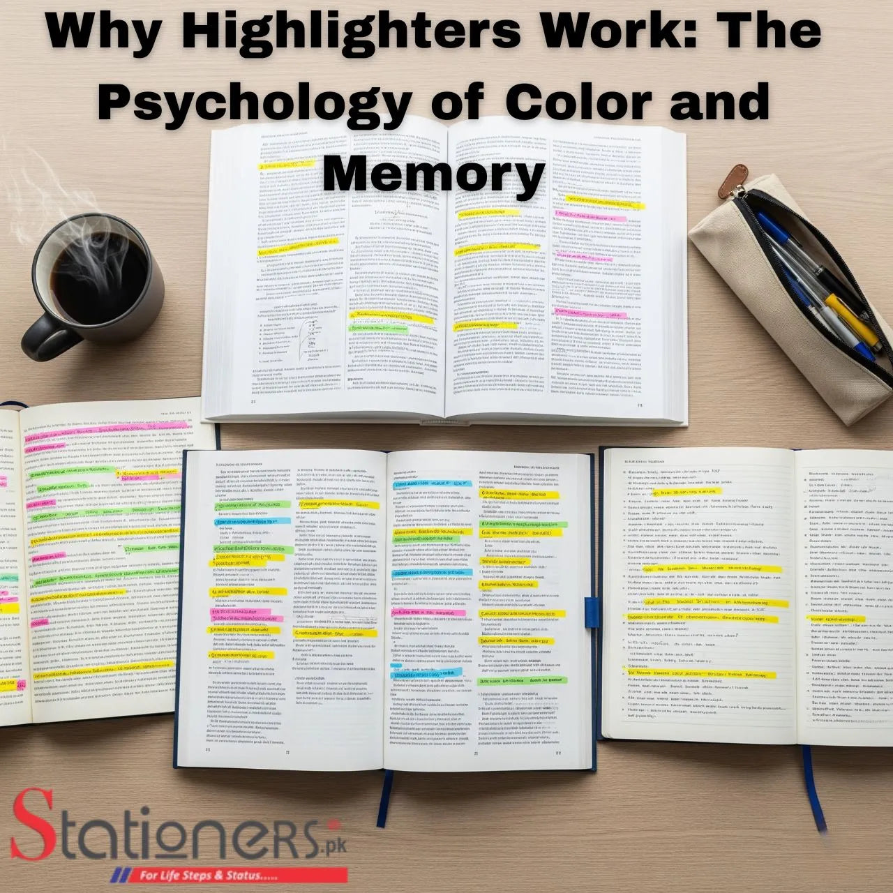 A flat-lay view of an open textbook and several notebooks on a light-colored wooden desk. The pages contain highlighted notes in yellow, pink, green, and blue. A black cup of coffee with a wisp of steam and a beige pen case are placed beside the books.