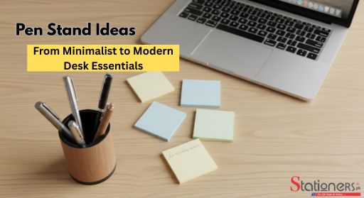 A modern, flat-lay photo of a minimalist wooden desk setup featuring a stylish pen stand with pens, sticky notes, and a laptop in the background.