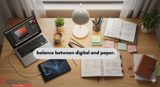 A creative workspace setup featuring a mix of digital tools (laptop, tablet) alongside paper notebooks, planners, and sticky notes to visually represent “balance between digital and paper.