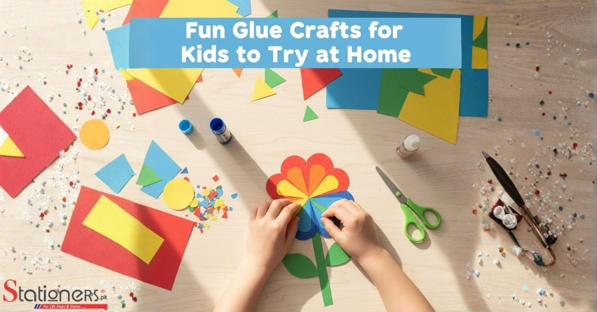 Colorful glue crafts for kids displayed on a table, showcasing various fun projects to try at home.
