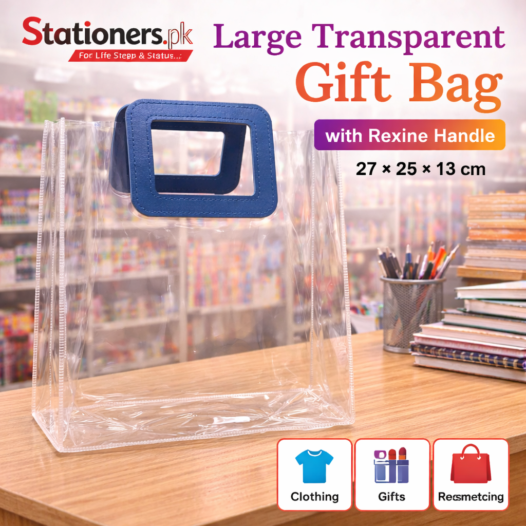 Large Transparent Gift Bag with Rexine Handle – Premium Clear Plastic Gift Packing Bag (27×25×13 cm) for Clothing, Gifts, Cosmetics & Retail Packaging 1pc
