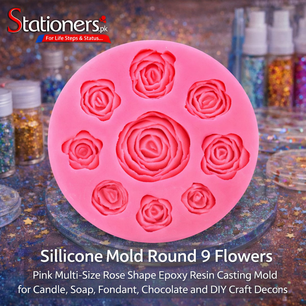 Silicone Mold Round 9 Flowers โ Pink Multi-Size Rose Shape Epoxy Resin Casting Mold for Candle, Soap, Fondant, Chocolate and DIY Craft Decoration Projects
