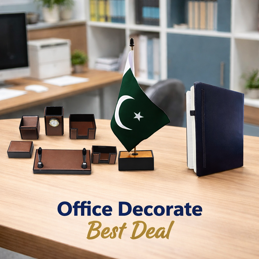 Office Decorate Best Deal – 7Pcs Brown Table Set with Table Flag & Office Diary