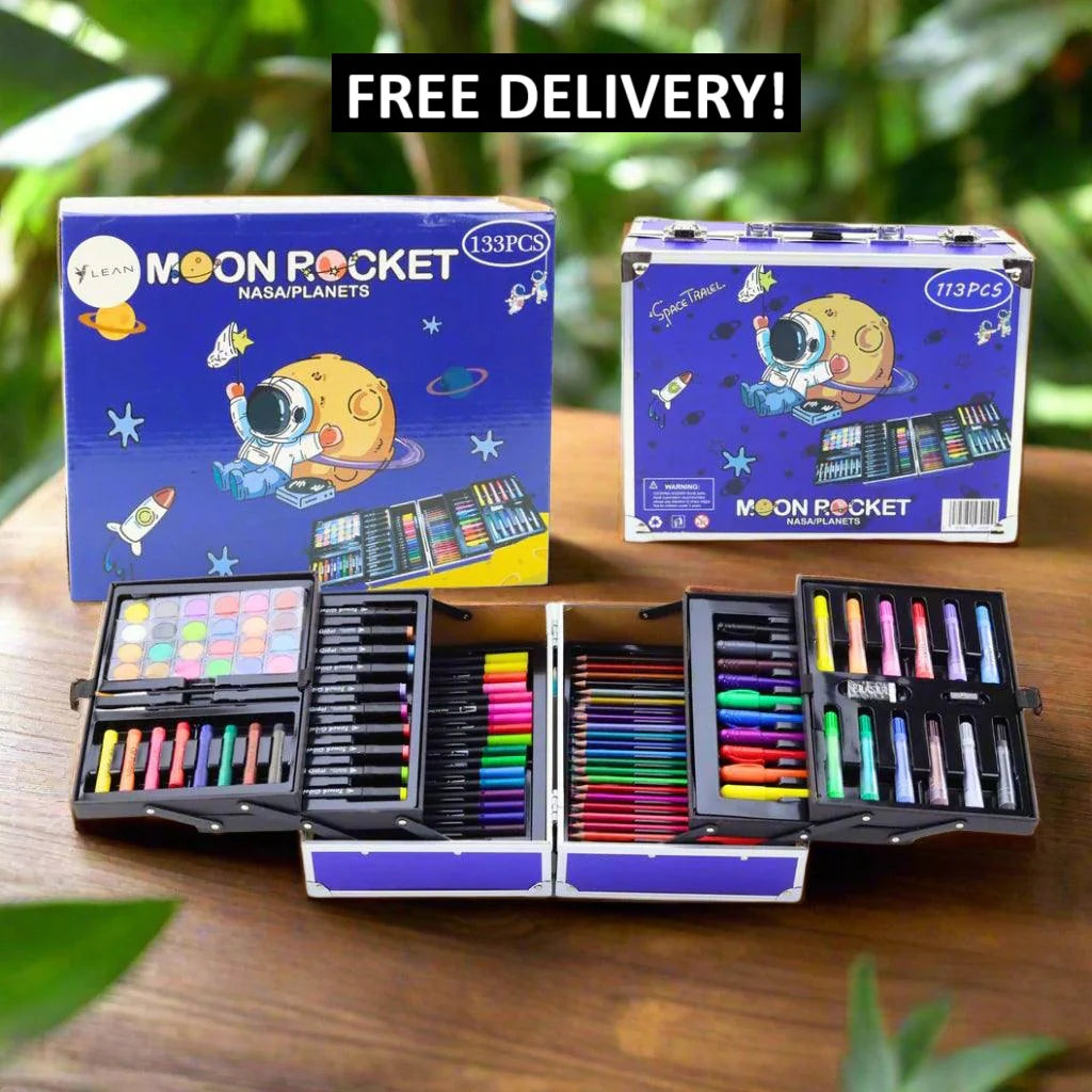 Moon Rocket 113pcs Art Kit – Space Theme Coloring & Drawing Set (Blue & Pink)