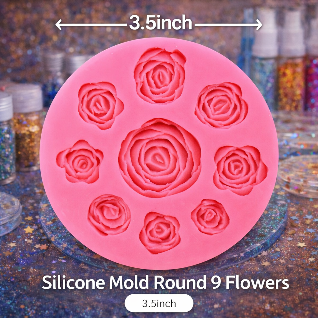 Silicone Mold Round 9 Flowers โ Pink Multi-Size Rose Shape Epoxy Resin Casting Mold for Candle, Soap, Fondant, Chocolate and DIY Craft Decoration Projects