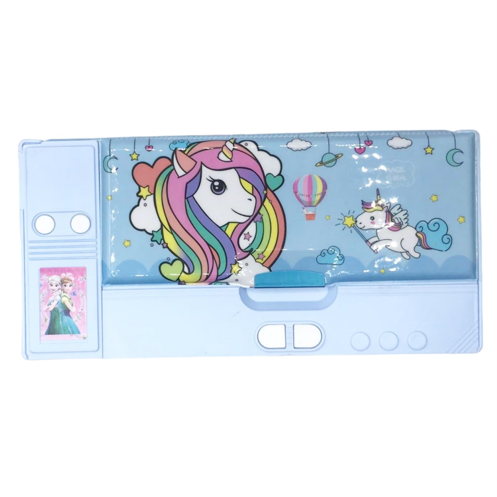 Multifunctional Jumbo Dual Side Magnetic Pencil Box (Blue Unicorn)