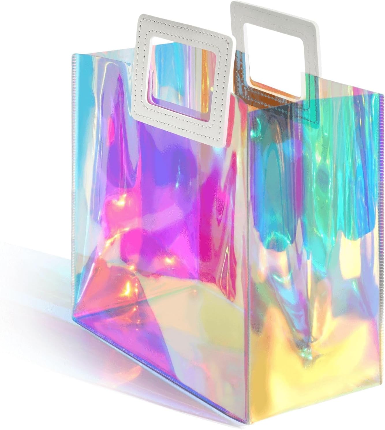 Shiny Transparent Gift Bag with Rexine Handle – Premium Holographic Clear Gift Packing Bag (17×15×7 cm / 19×17×8 cm) for Gifts, Cosmetics, Jewelry & Return Gifts