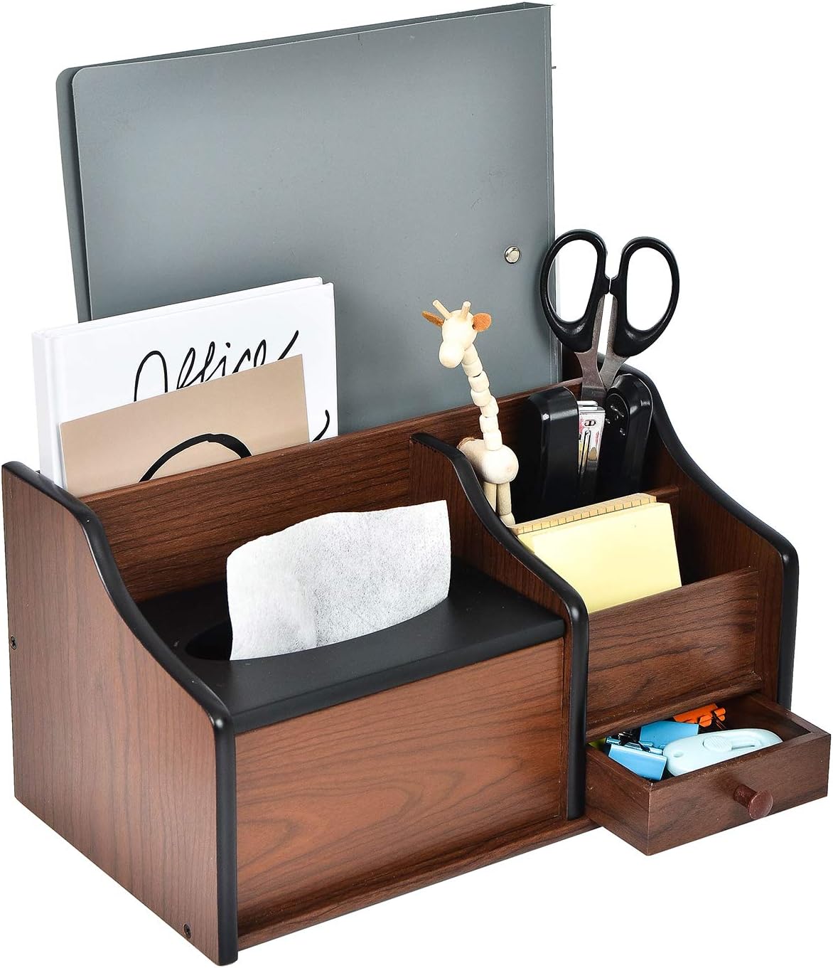Liry Products Cherry Brown Wood Desk Organizer Tissue Box Lid Multiple Slots Drawer Tabletop Storage Cabinet Solid Wood Phone Tablet Remote Control Holder Office Supplies Caddy Accessory Sorter Home