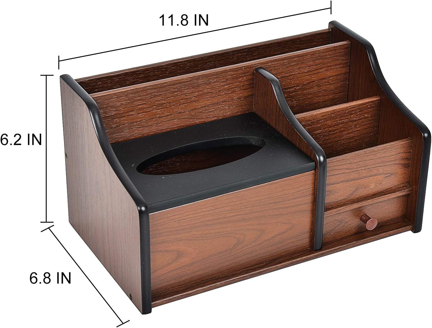 Liry Products Cherry Brown Wood Desk Organizer Tissue Box Lid Multiple Slots Drawer Tabletop Storage Cabinet Solid Wood Phone Tablet Remote Control Holder Office Supplies Caddy Accessory Sorter Home