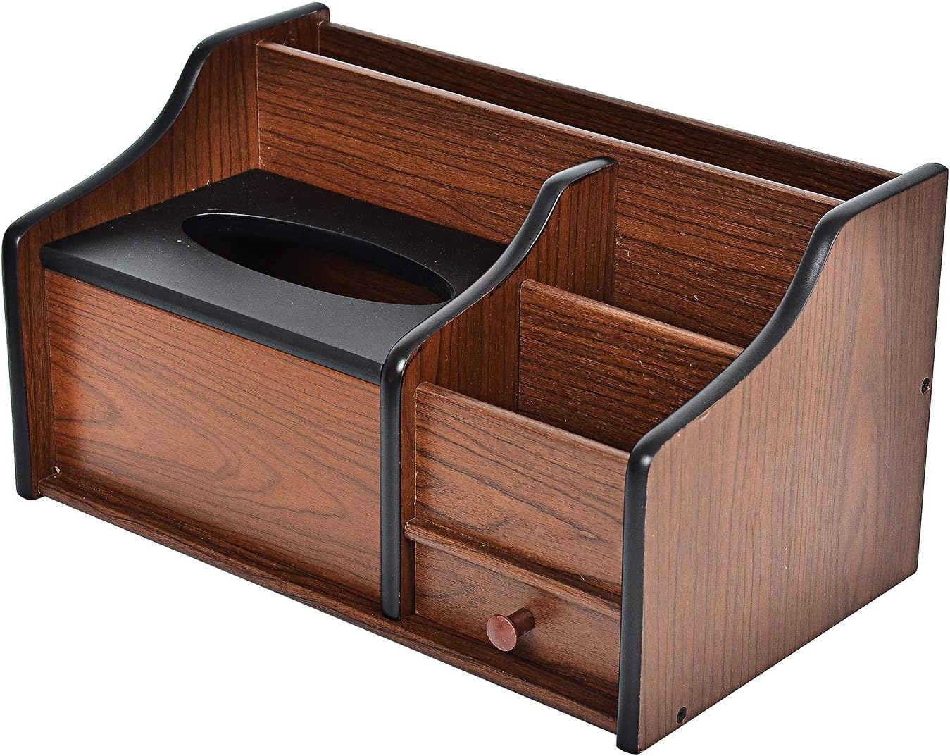 Liry Products Cherry Brown Wood Desk Organizer Tissue Box Lid Multiple Slots Drawer Tabletop Storage Cabinet Solid Wood Phone Tablet Remote Control Holder Office Supplies Caddy Accessory Sorter Home