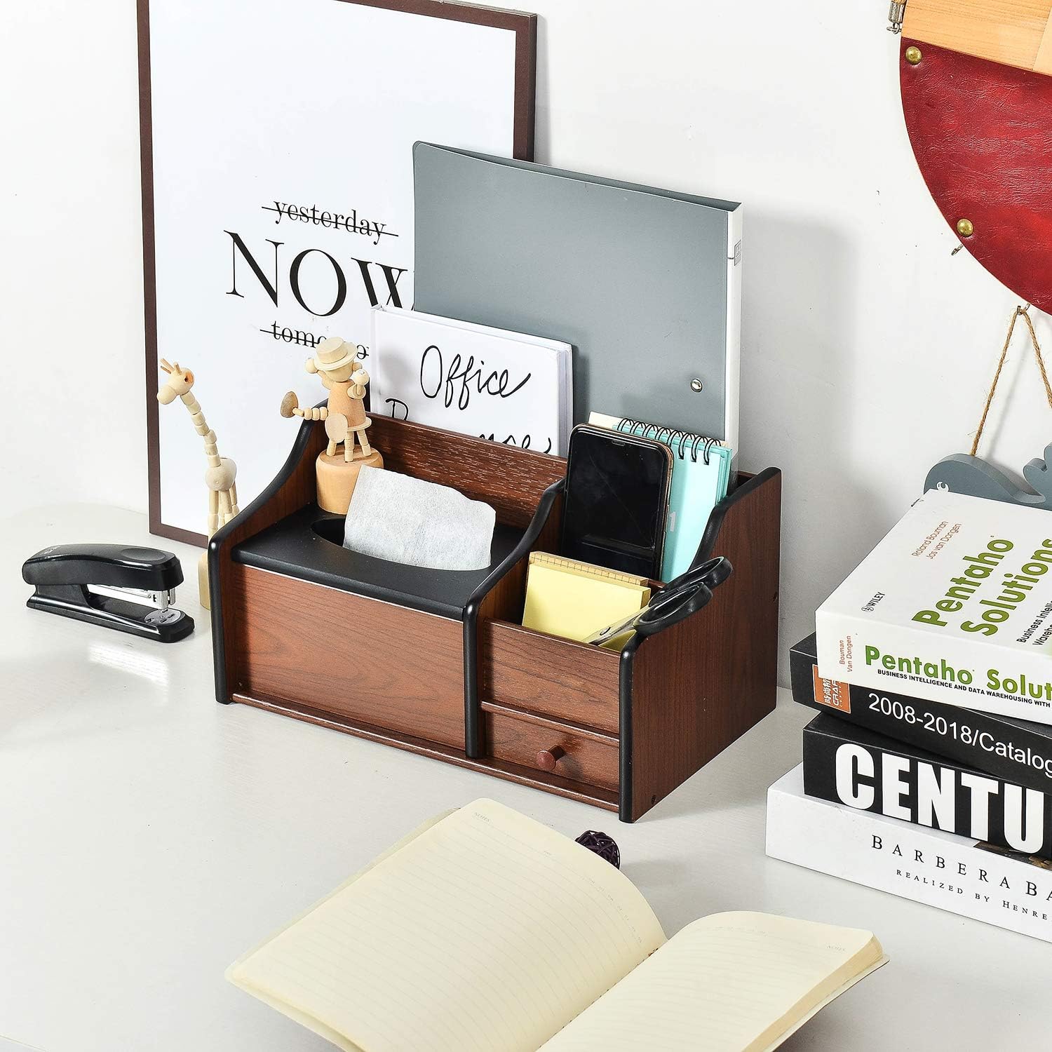 Liry Products Cherry Brown Wood Desk Organizer Tissue Box Lid Multiple Slots Drawer Tabletop Storage Cabinet Solid Wood Phone Tablet Remote Control Holder Office Supplies Caddy Accessory Sorter Home