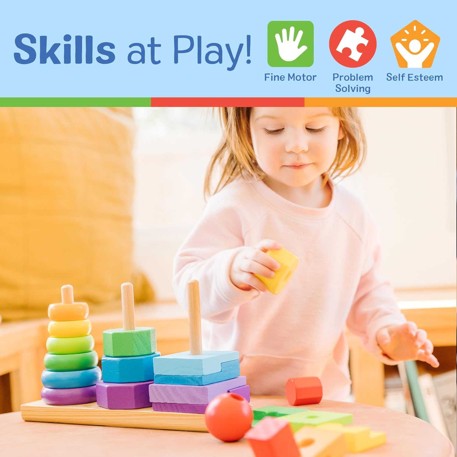 Melissa & Doug Geometric Wooden Toy Stacker, Multicolor, 3+ months Pack of 25 Pcs