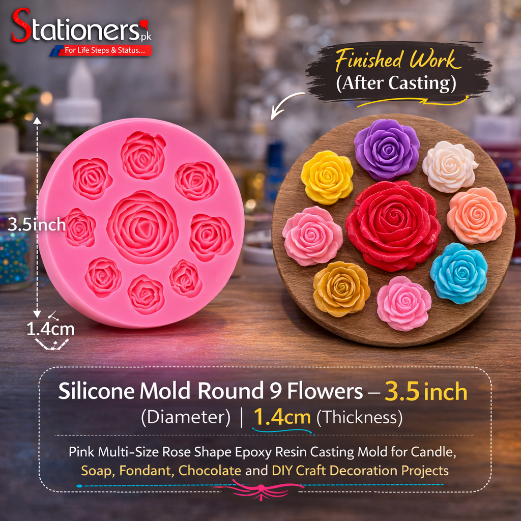 Silicone Mold Round 9 Flowers โ Pink Multi-Size Rose Shape Epoxy Resin Casting Mold for Candle, Soap, Fondant, Chocolate and DIY Craft Decoration Projects