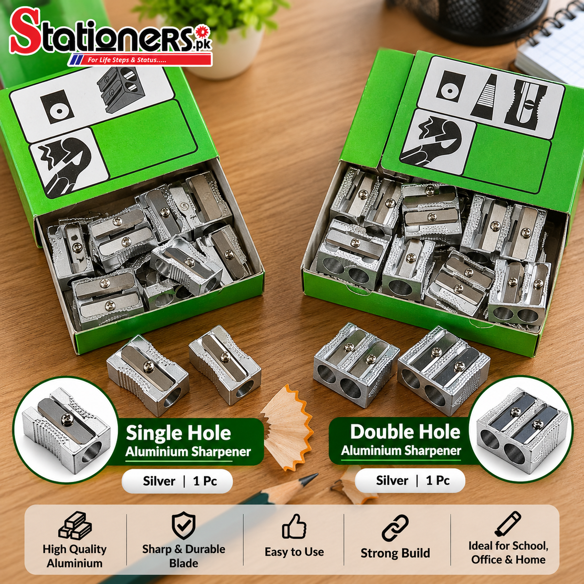 Aluminium Pencil Sharpener Single Hole & Double Hole Silver – 1 Pc