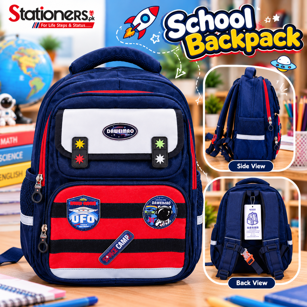 Kids School Backpack – Black & Red Space Design with Multiple Compartments