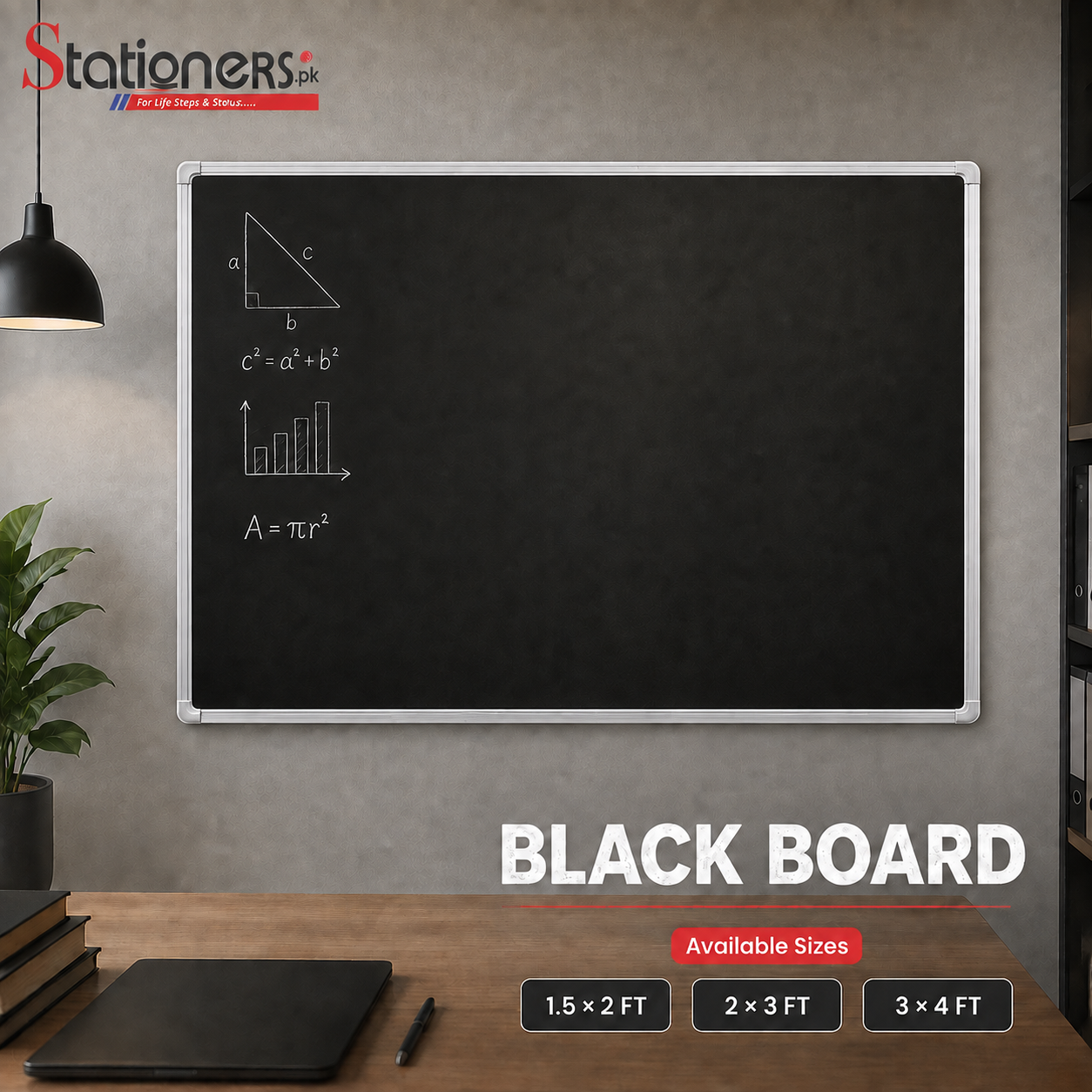 Black Board with Silver Steel Frame – Available in 1.5×2 ft, 2×3 ft & 3×4 ft