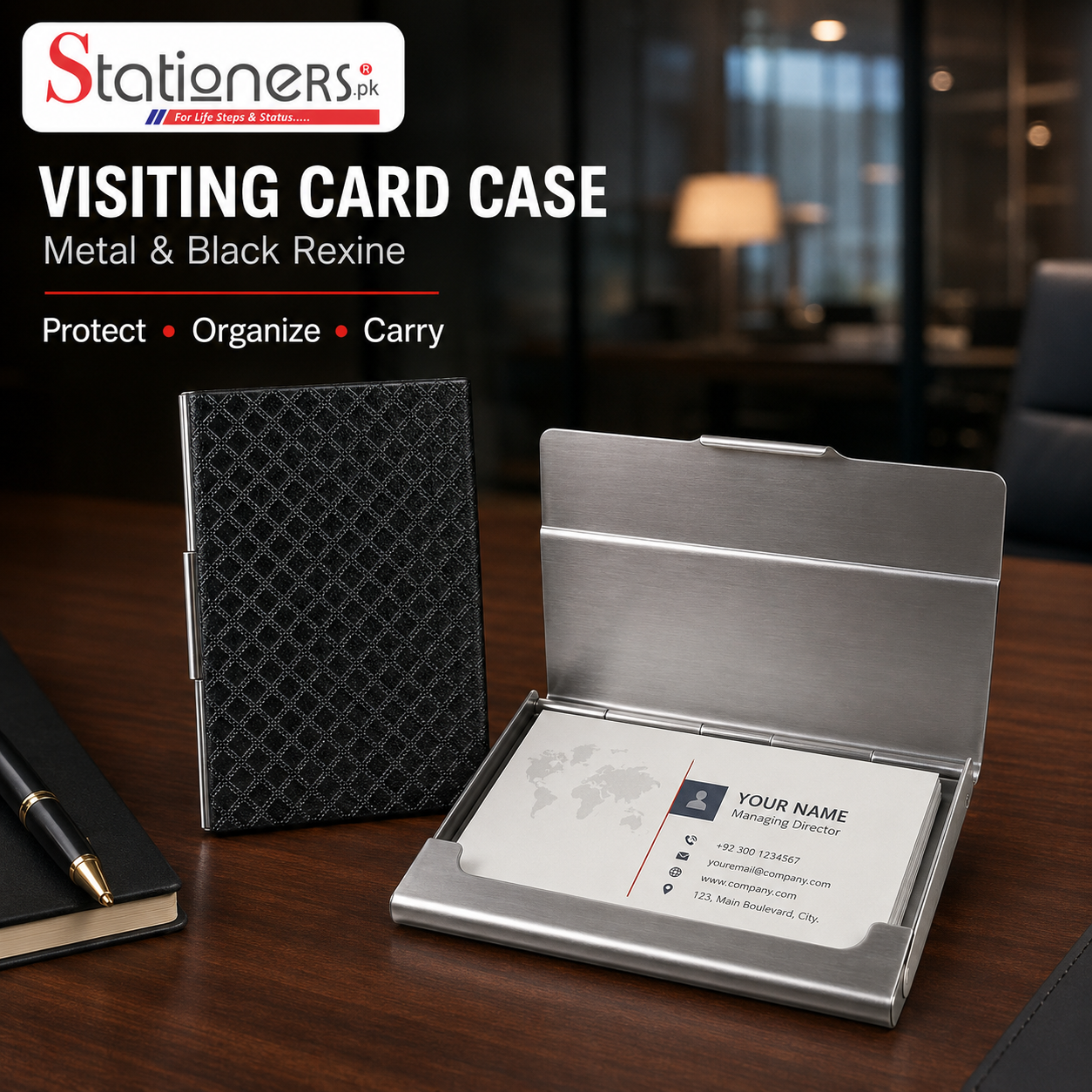 Metal & Black Rexine Visiting Card Case – Slim Business Card Holder