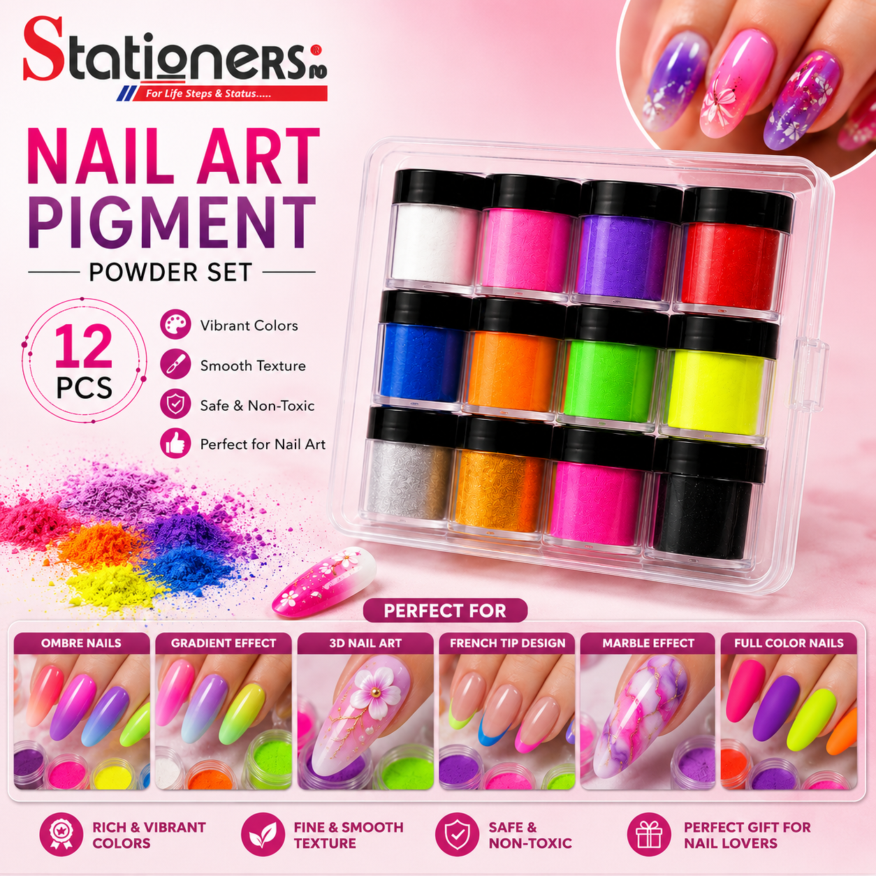 12 Pcs Nail Art Pigment Powder Kit | Multicolor Nail Powder Set for Acrylic Nails, Gel Nails & Creative Nail Design