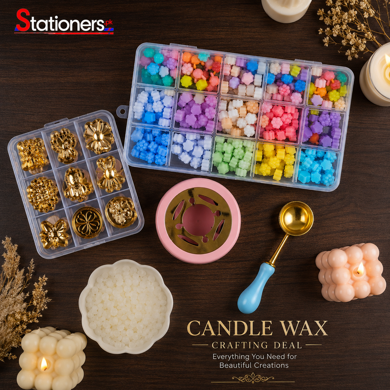 DIY Candle Making Starter Kit | Wax Melting Spoon, Mini Wax Furnace, Decorative Metal Candle Molds & Color Wax Beads Set | Complete Candle Craft Kit