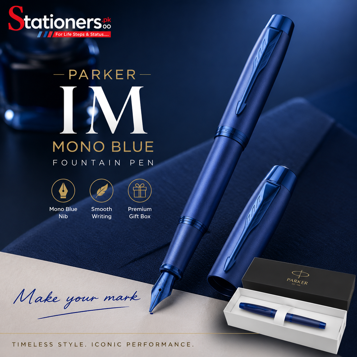 Parker IM Mono Blue Fountain Pen | Premium Blue Metal Body | Smooth Writing | Luxury Gift Pen with Gift Box