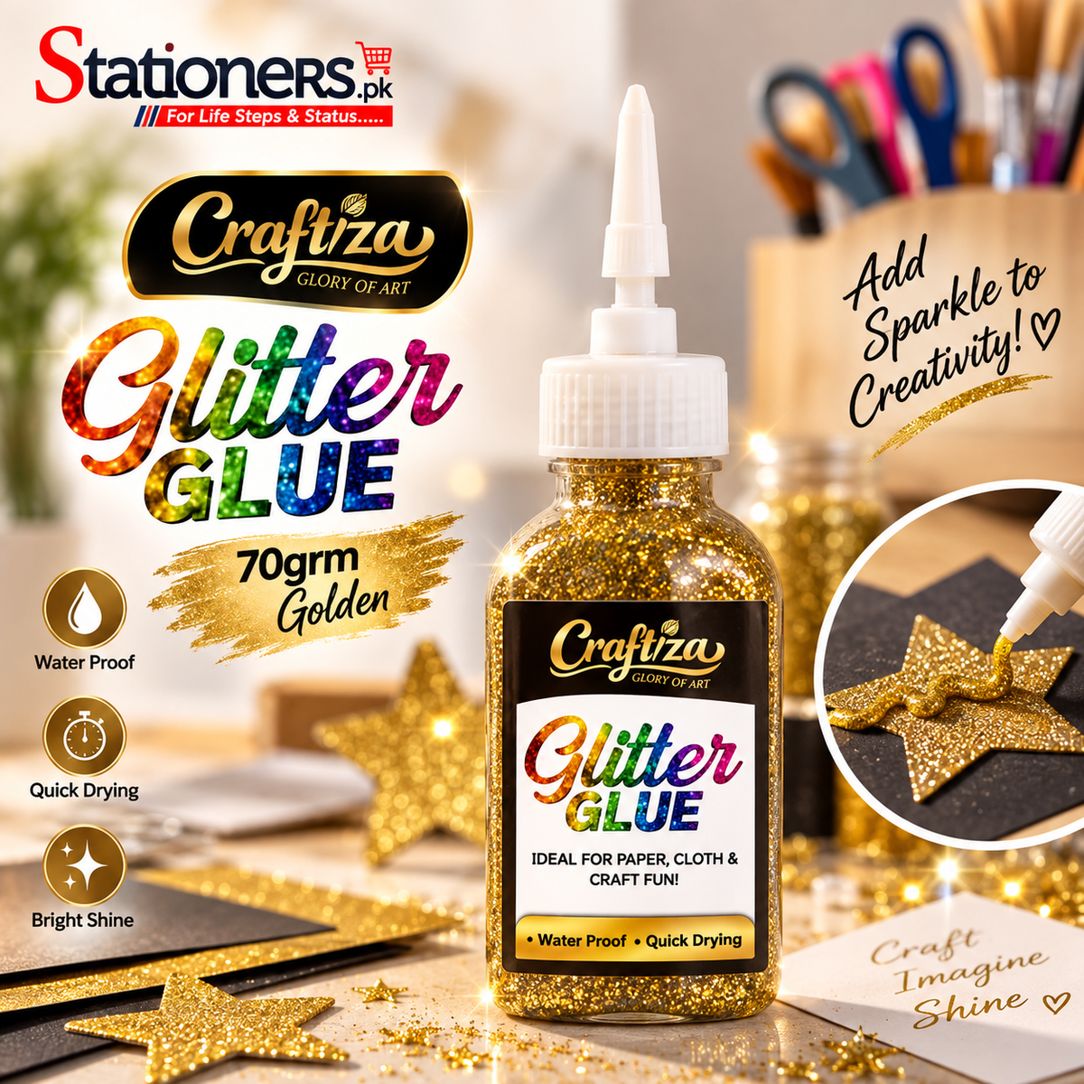 CRAFTIZA Glitter Glue 70gram – Golden, Silver, Light Golden, Pink, Purple, Green, Brown & Red