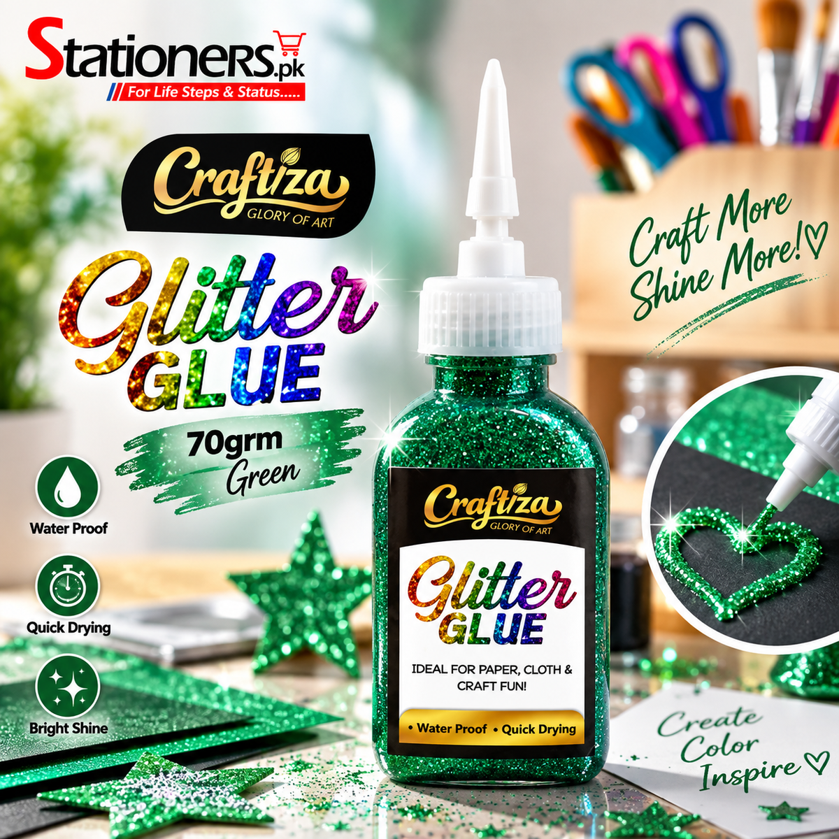 CRAFTIZA Glitter Glue 70gram – Golden, Silver, Light Golden, Pink, Purple, Green, Brown & Red