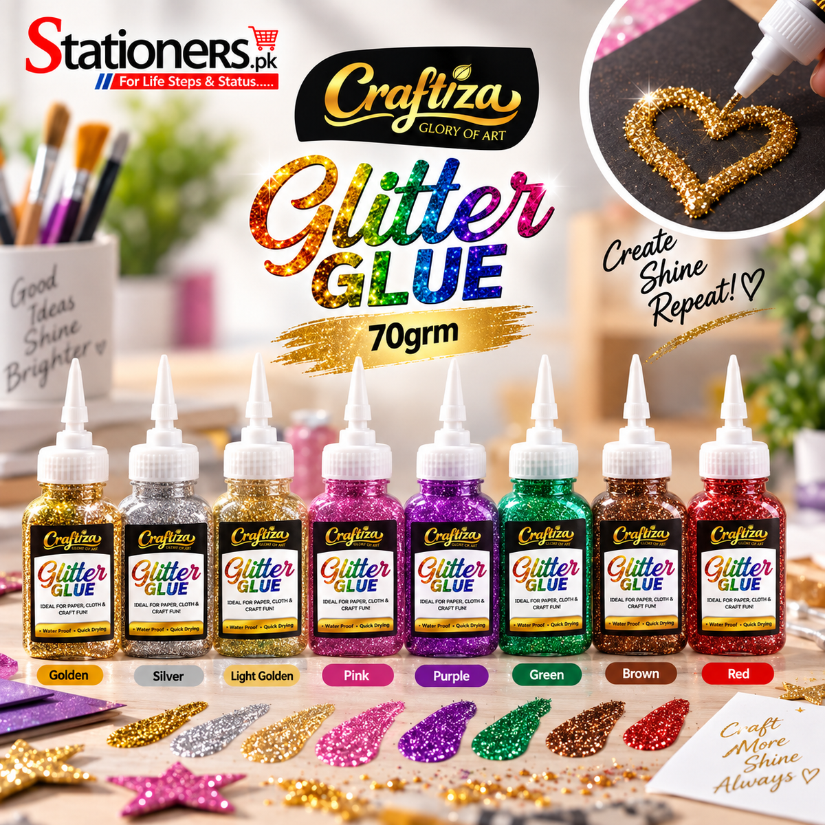 CRAFTIZA Glitter Glue 70gram – Golden, Silver, Light Golden, Pink, Purple, Green, Brown & Red