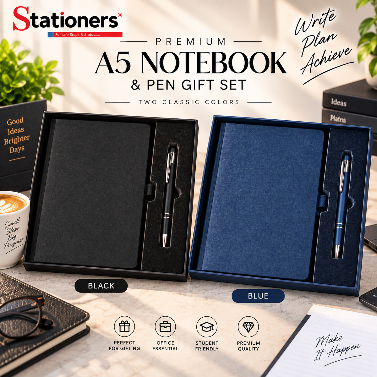 Premium A5 Notebook & Pen Gift Set – Elegant Hardcover Journal | Black & Blue