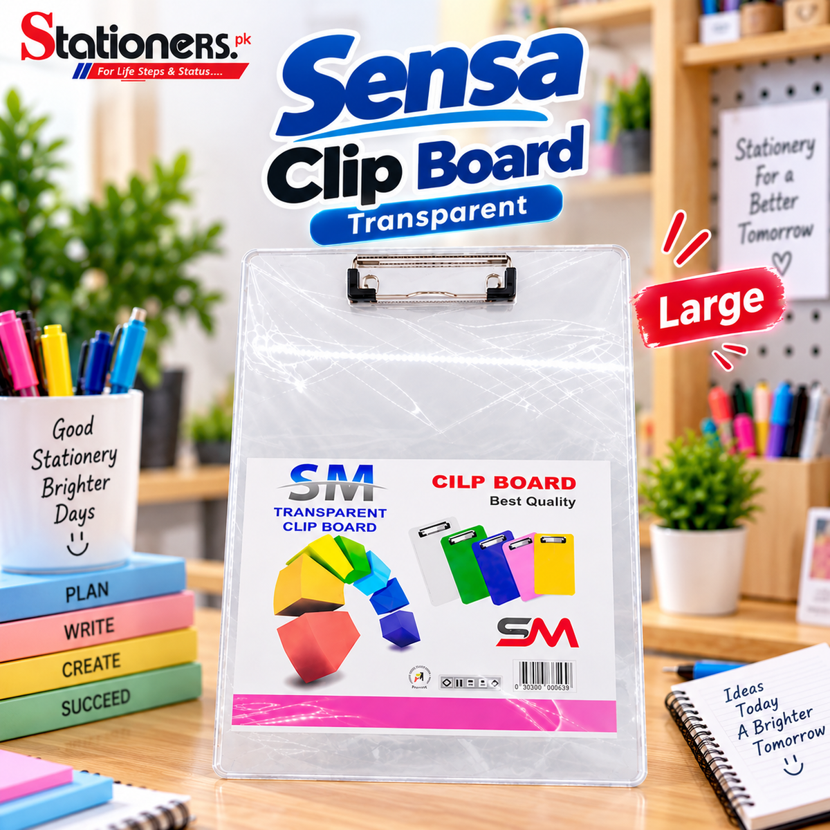 Sensa Clip Board Transparent Large | Clear Plastic Clipboard with Strong Metal Clip