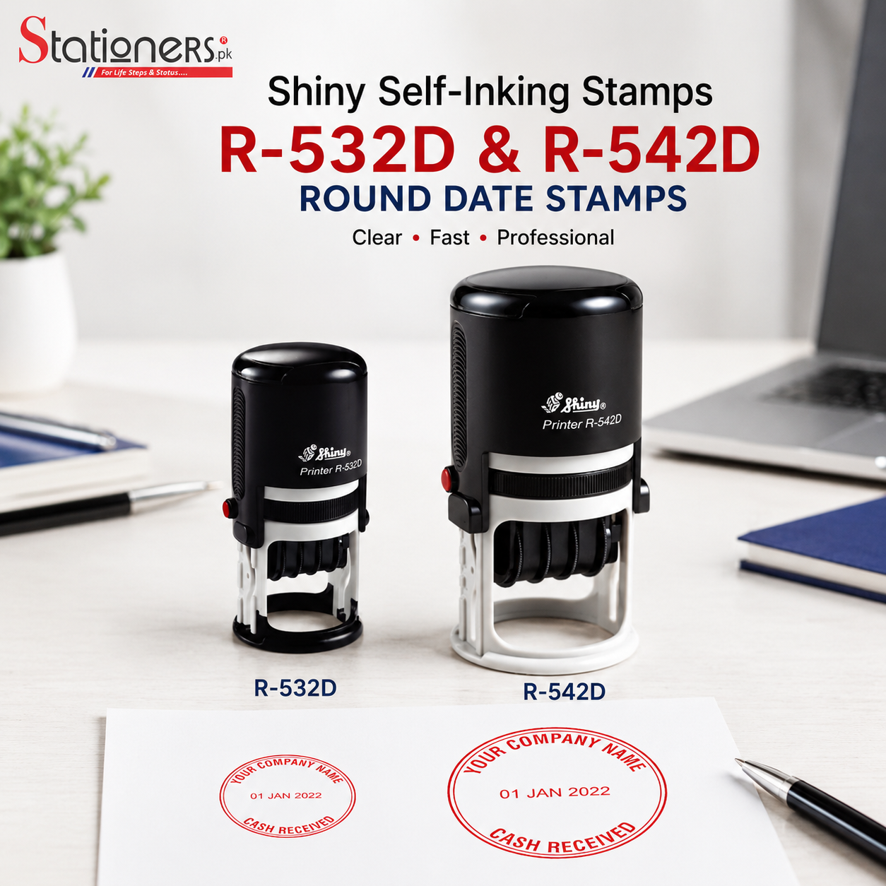 Shiny Self-Inking Stamps R-532D & R-532D – Round Simple & Date Stamps