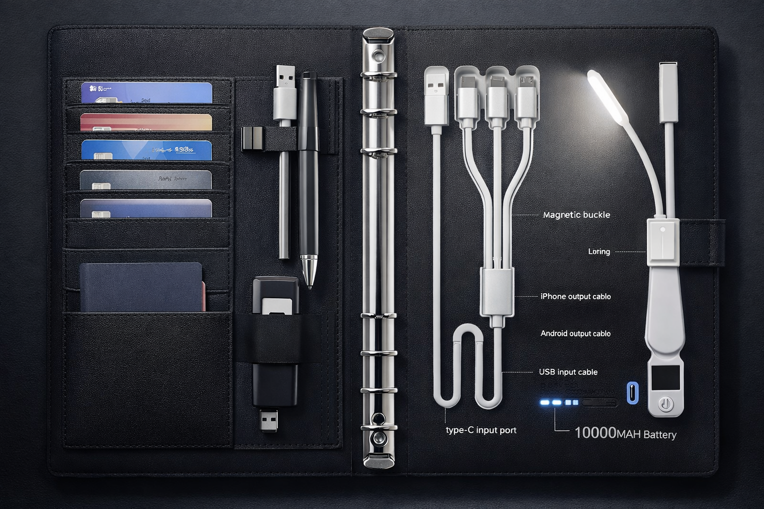 Executive Smart Charging Portfolio Diary with 10,000mAh Power Bank & Multi-Cable Organizer