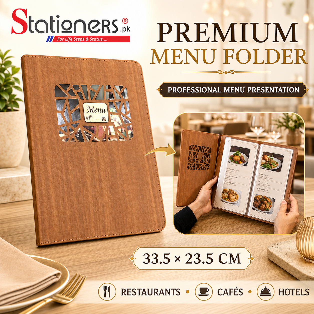 Premium Wooden Texture Restaurant Menu Folder – 33.5 × 23.5cm