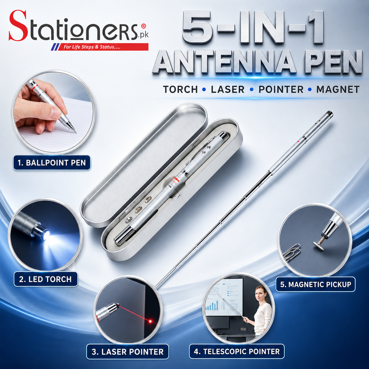 5 in 1 Multipurpose Antenna Pen with Torch, Laser, Pointer, Magnet, and Pen (Pack of 1)