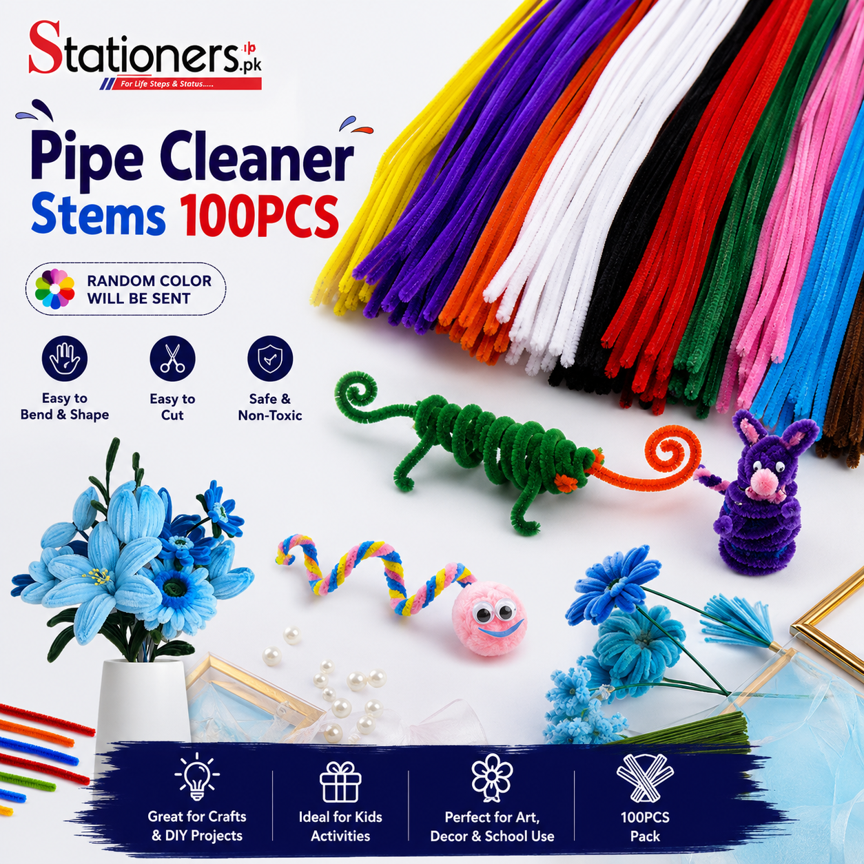 Pipe Cleaner Stems 100PCS Imported | Assorted Color Chenille Sticks for DIY Crafts, School Projects, Art & Kids Creative Activities