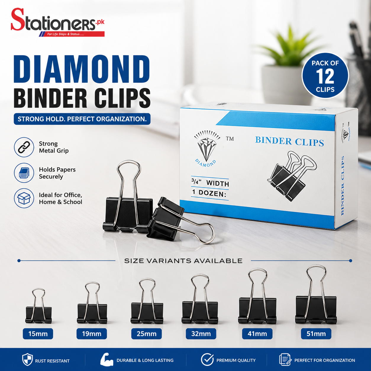 Diamond Binder Clips Black Pack of 12