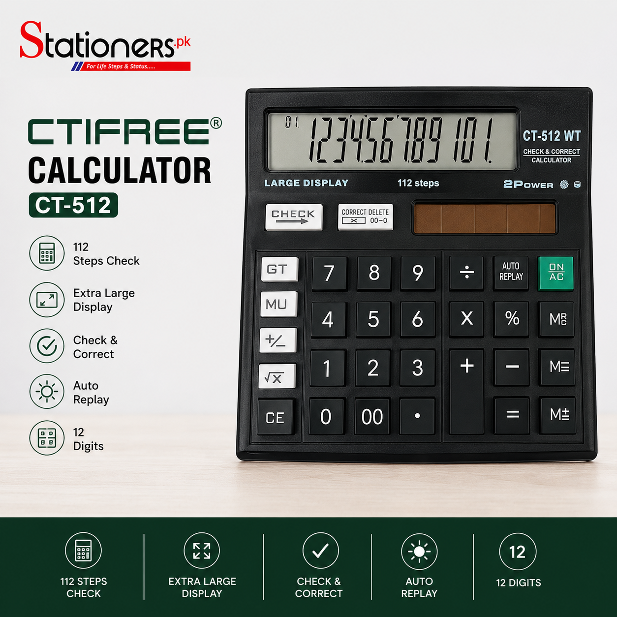 CTIFREE China Calculator CT-512 | 12-Digit Desktop Calculator | Dual Power (Solar + Battery) | Large LCD Display