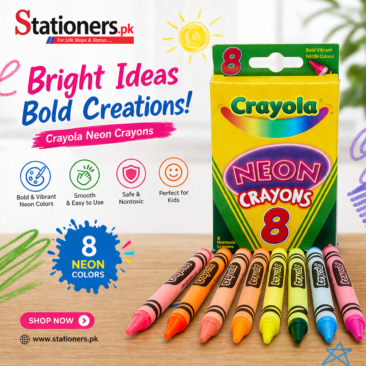 Crayola Neon Crayons Nontoxic Pack of 8 53418