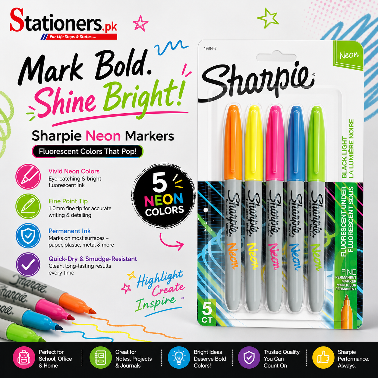 Sharpie Neon Fine Point Permanent Markers Pack of 5 (1860443)