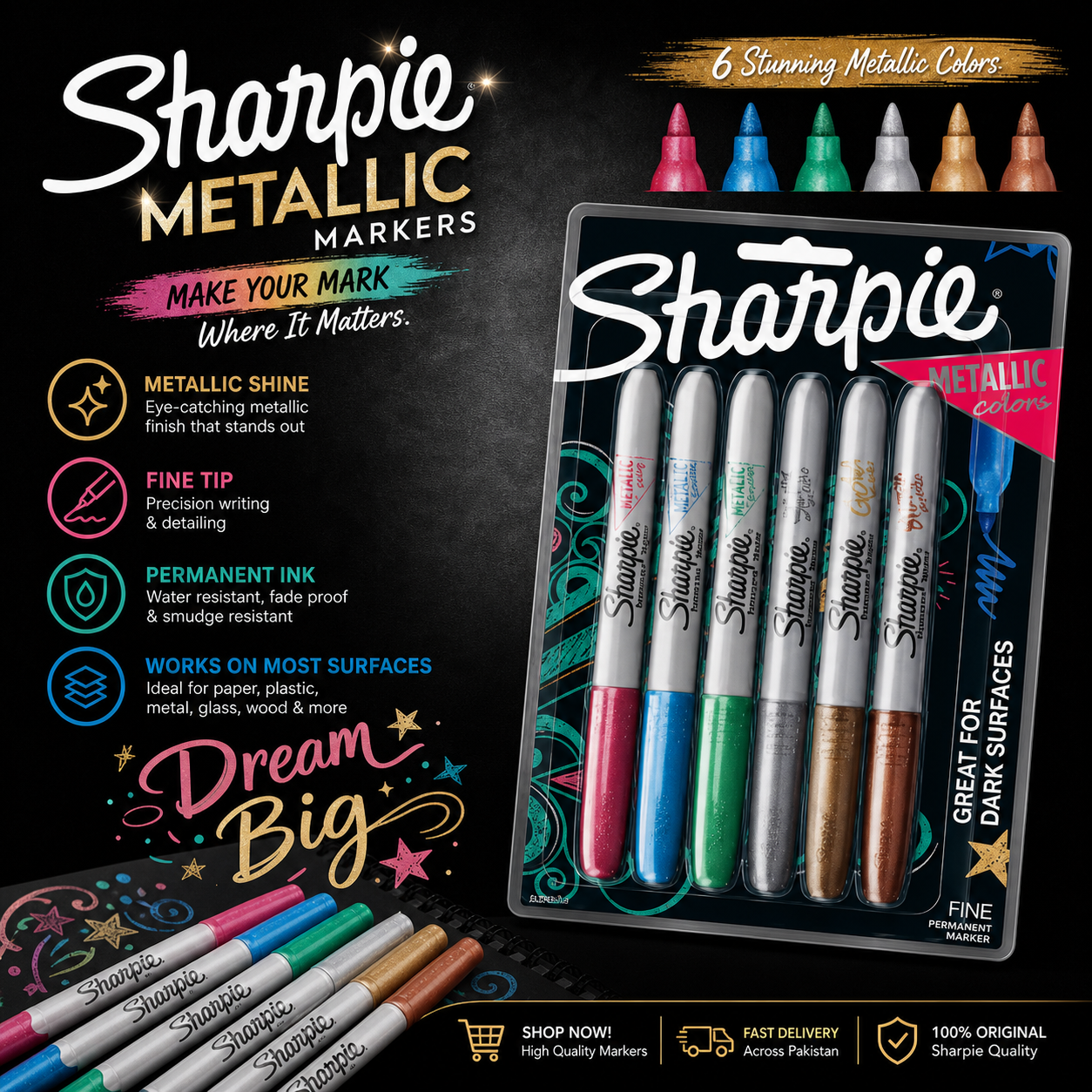 Sharpie Metallic Fine Point Permanent Markers Pack of 6 (2029678)