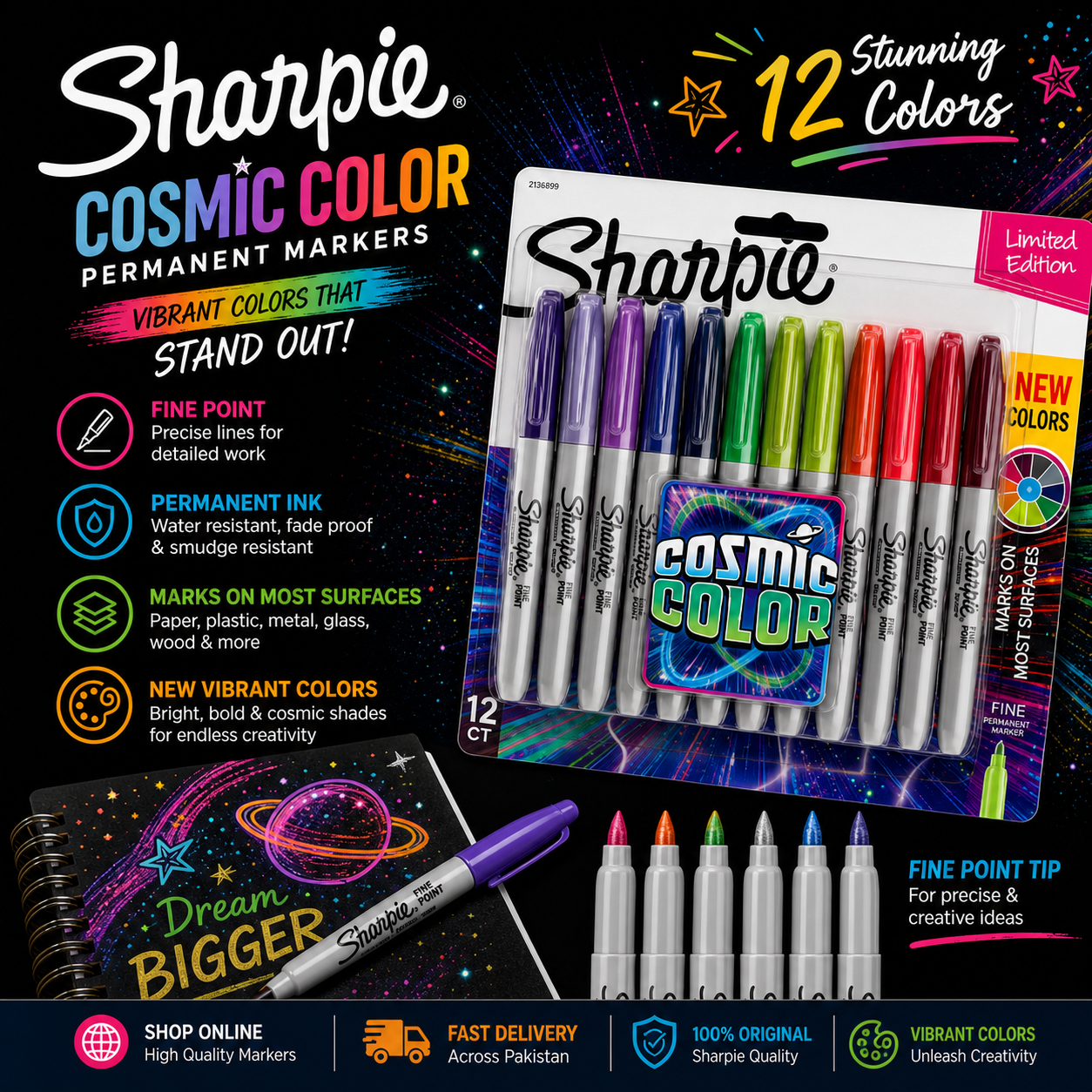 Sharpie Cosmic Color Fine Point Permanent Markers Pack of 12 (2010958)