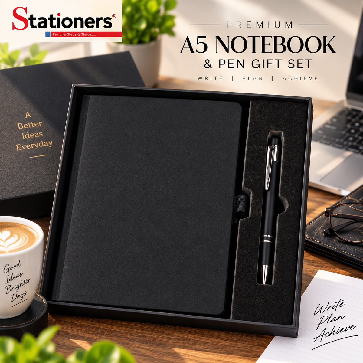 Premium A5 Notebook & Pen Gift Set – Elegant Hardcover Journal | Black & Blue