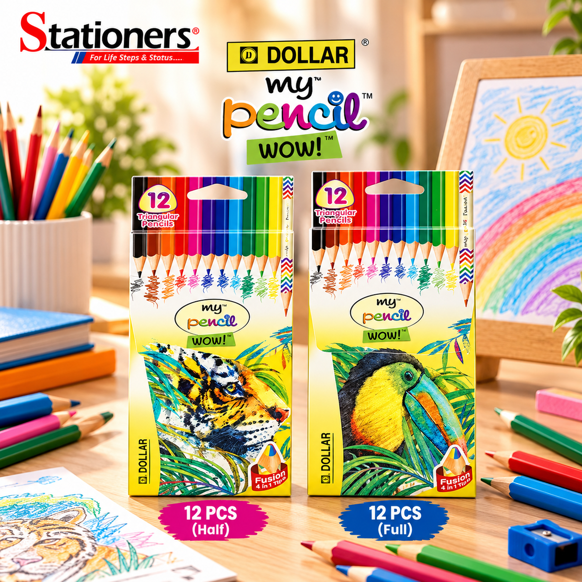 Dollar My Pencil WOW! Triangular Colour Pencils – 12 Pcs (Half) & 12 Pcs (Full)