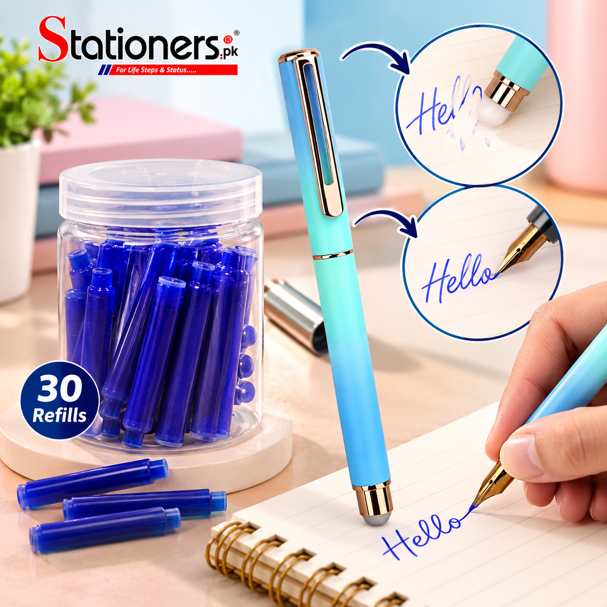 Erasable Fountain Pen with 30 Refills | Rewritable Ink Pen | 1 Pen + Refill Pack