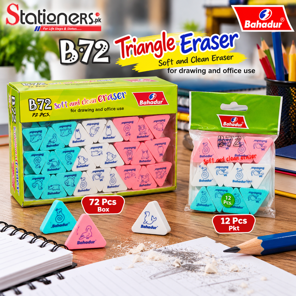 Bahadur B72 Triangle Eraser – Soft & Clean Pencil Eraser, 12 Pcs Pack / 72 Pcs Box