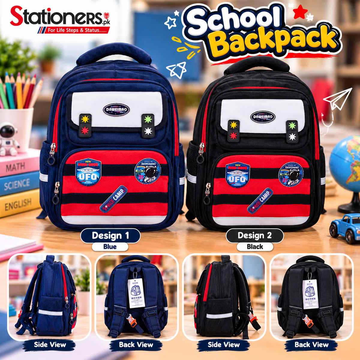 Kids School Backpack – Black & Red Space Design with Multiple Compartments