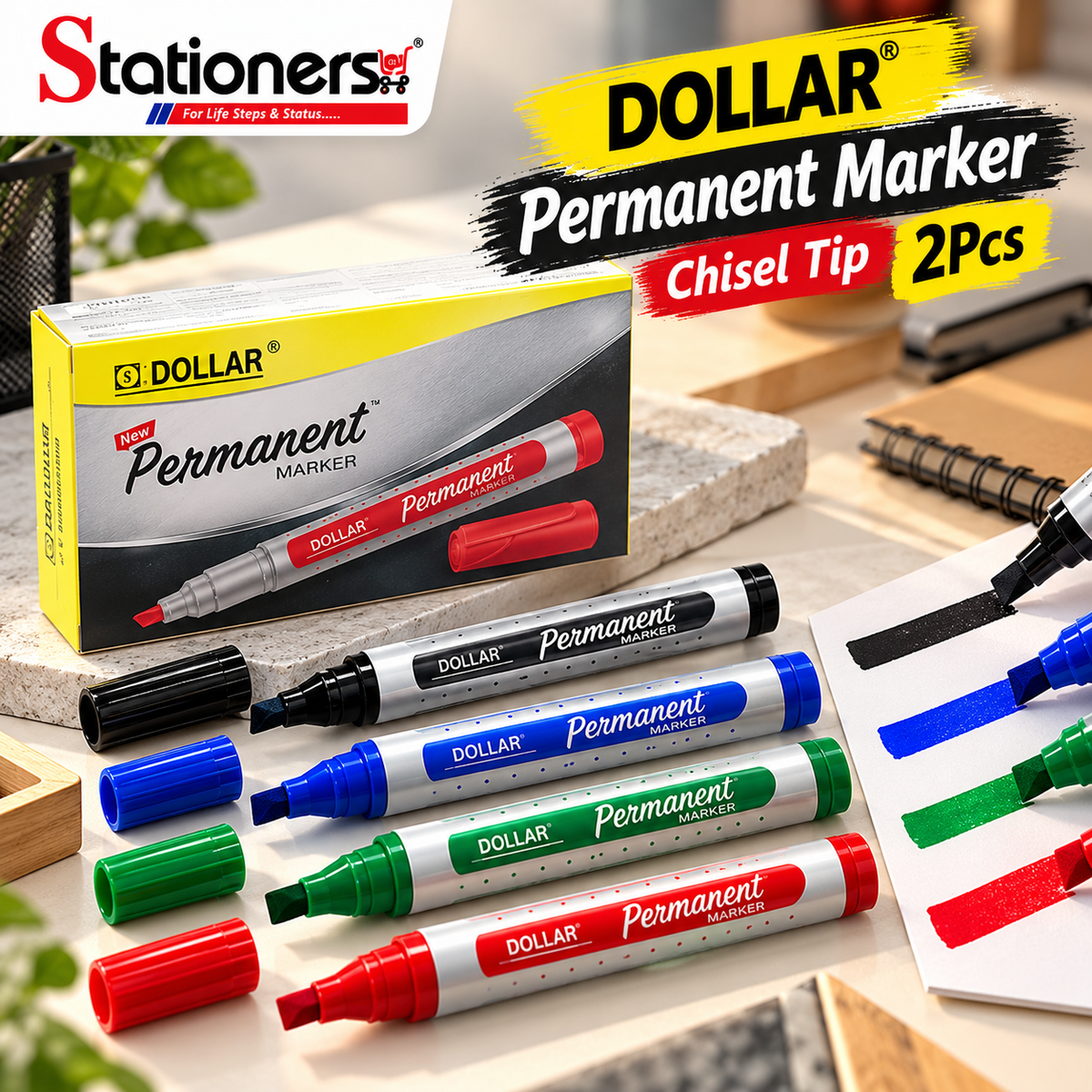 Dollar Permanent Marker Chisel Tip 2Pcs – Black, Blue, Green & Red